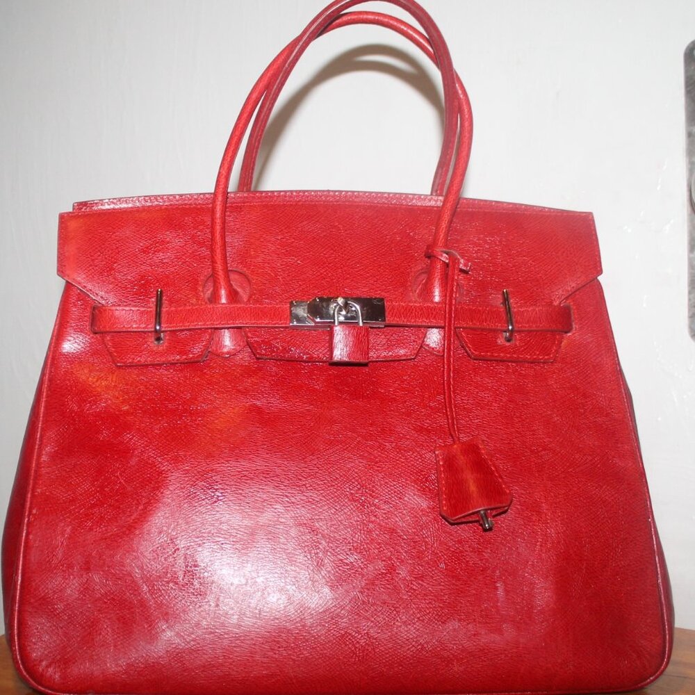 $498 Designer True Red Juliana Collezioni Status Leather Tote Bag w Lock & Key - Picture 1 of 10